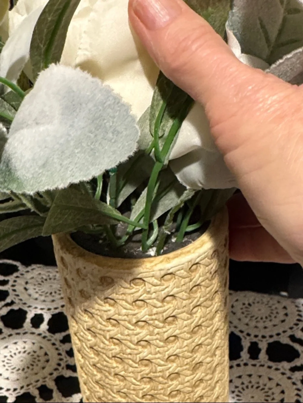 White Faux Peony Arrangement with greenery in a Textured Tan Vase